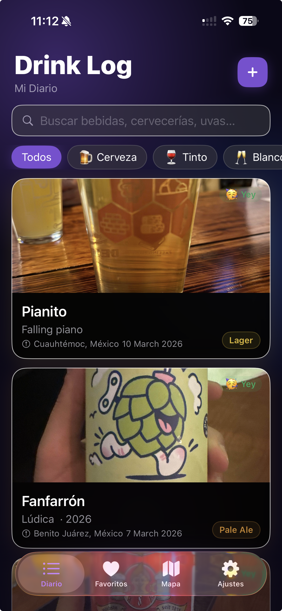 Drink Log diary screen
